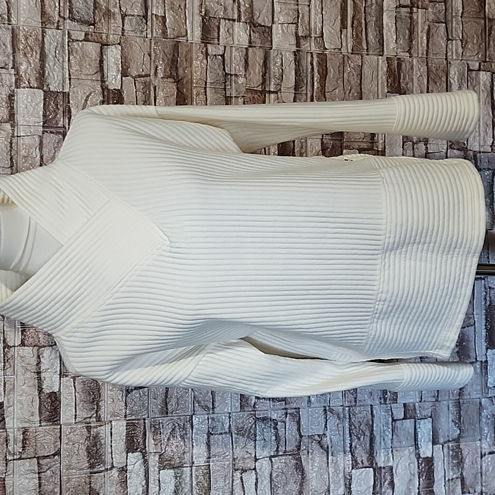 Tahari Sport Cream Long Sleeve Ribbed Cowl Neck Sweatshirt